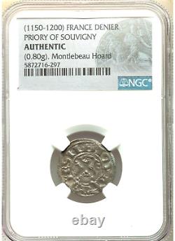 1150-1200 France Denier Silver Priory of Souvigny NGC Authentic Montlebeau Hoard