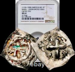 1150-1200 SWITZERLAND 1P Basel Cross Type Pfennig Medieval Silver Coin NGC MS61