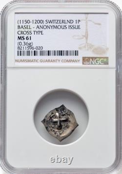 1150-1200 SWITZERLND 1P Basel Cross Type Pfennig Medieval Silver Coin NGC MS61