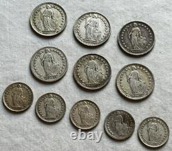 11-Coin Swiss World Silver Lot 41.6g. 1.12 ozt ASW. 1903-1945. R44 S3-01