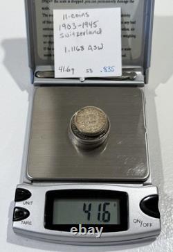 11-Coin Swiss World Silver Lot 41.6g. 1.12 ozt ASW. 1903-1945. R44 S3-01