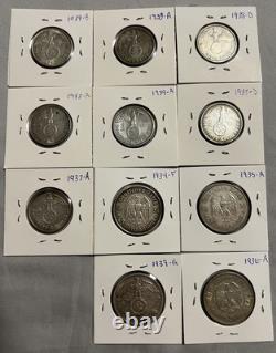 11-Piece German Third Reich Reichsmark Coin Lot (2 & 5 Marks), 1934-1939