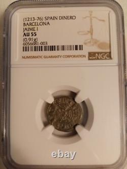 1213-1276 Spain Dinero Barcelona Jaime I NGC (0.91g) AU55