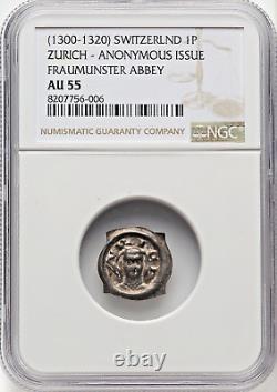 1300 1320 Switzerland 1P Zurich Fraumünster Abbey NGC AU55 Medieval Penny