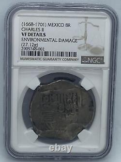 1668-1701 Mexico 8R Charles II NGC VF Details Environmental Damage Silv. Coin