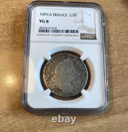 1691 FRANCE King LOUIS XIV Crown Antique Genuine French 1/2 Ecu Coin NGC i79825