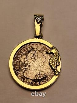 1780 Spanish MEXICO CITY 1/2 Reales In 14K Bezel with DIAMOND