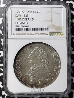 1791-A France 1 Ecu NGC Cleaned-UNC Details Lot#G7601 Large Silver! DAV-1333