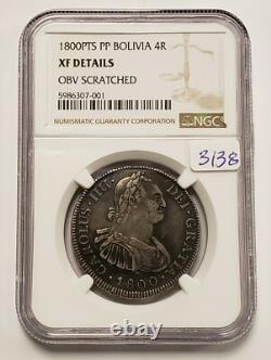 1800 PTS PP Bolivia 4Reales. 3899 oz ASW Deep Patina NGC XF Details F3138