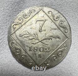 1802 A Austria 7 Kreuzer UNC NICE TONING RARE OVERSTRIKE SATIN