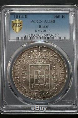 1814 R Brazil Large Crown Silver 960 Reis AU 50 PCGS South America World Coin