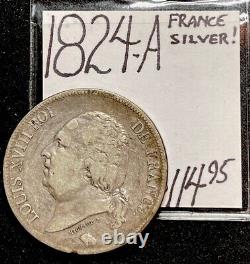 1824-A France Silver 5 Franc World Coin. ENN Coins