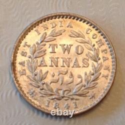 -1841 East India Company Victoria Two (2) Silver Annas Uncirculated, W. W. Raised