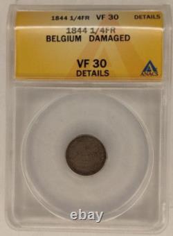 1844 BELGIUM LEOPOLD I SILVER 1/4FRANC VF30 Details ANACS Coin Fourth Frank 1B