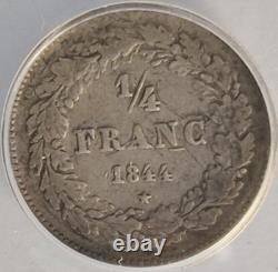 1844 BELGIUM LEOPOLD I SILVER 1/4FRANC VF30 Details ANACS Coin Fourth Frank 1B