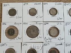 1848-1899 Numismatic Silver Coins Lot See Pics India Belgium US France Canada