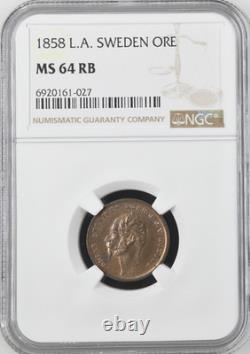 1858 L. A. Sweden Ore Ngc Certified Coin Ms 64 Rb