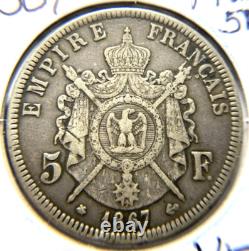1867A France 5 Francs High Grade 25gram 90% Silver Coin KM# 799.1