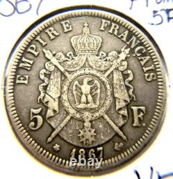 1867A France 5 Francs High Grade 25gram 90% Silver Coin KM# 799.1