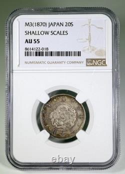 1870 M3 Japan 20S Sen Shallow Scales NGC AU 55 Silver Coin UNC