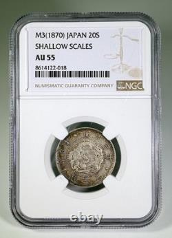 1870 M3 Japan 20S Sen Shallow Scales NGC AU 55 Silver Coin UNC