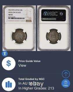 1870 M3 Japan 20S Sen Shallow Scales NGC AU 55 Silver Coin UNC