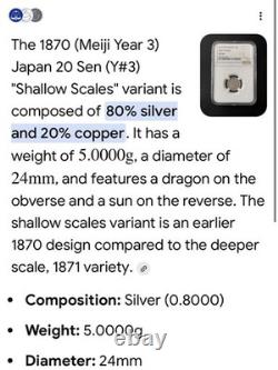 1870 M3 Japan 20S Sen Shallow Scales NGC AU 55 Silver Coin UNC