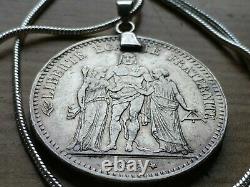 1875 French Antique 5 Franc Silver Coin Pendant and 22 inch Silver Snake Chain