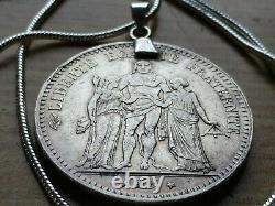 1875 French Antique 5 Franc Silver Coin Pendant and 22 inch Silver Snake Chain