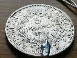 1875 French Antique 5 Franc Silver Coin Pendant and 22 inch Silver Snake Chain