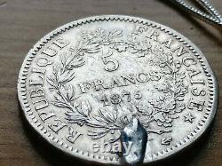 1875 French Antique 5 Franc Silver Coin Pendant and 22 inch Silver Snake Chain