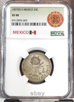 1877 Zs S MEXICO SILVER 25 CENTAVOS BALANCE SCALES NGC XF 40 SCARCE NICE COIN