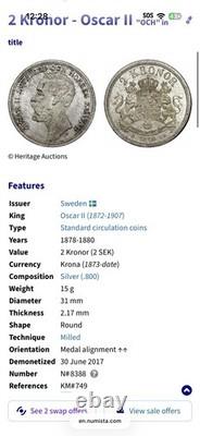 1880 2 Kronor OCH Rare Version Nice Original Toning AU