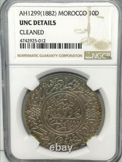(1882) AH 1299 Morocco Paris 10 Dirhams NGC UNC DETAILS CLEANED KM Y# 8
