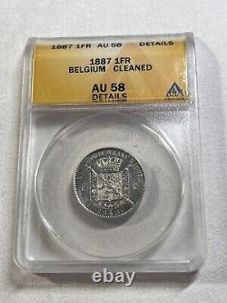 1887 Belgium 1 Francs Silver Coin Graded AU 58 Details Cleaned by ANACS