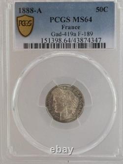 1888 a France 50 Centimes Silver Coin PCGS MS 64 GAD-419a F-189