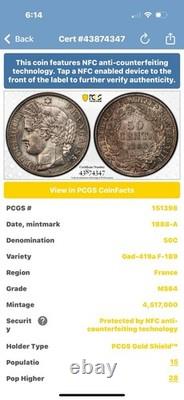 1888 a France 50 Centimes Silver Coin PCGS MS 64 GAD-419a F-189