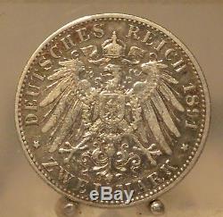 1891 A Germany (Oldenburg) Silver 2 Mark, Old World Silver Coin