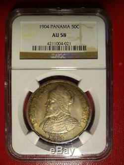 1904 panama 50 centesimos ngc au58 world crown 8 reales peso toned silver coin