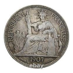 1907-A Silver Piastre Commerce French Indo-China Rare Crown Thaler Sized Coin 7K