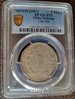 1907 CHINA Sinkiang 5 Mace Silver Coin PCGS F15