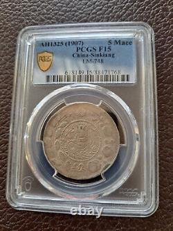 1907 CHINA Sinkiang 5 Mace Silver Coin PCGS F15