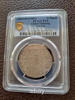 1907 CHINA Sinkiang 5 Mace Silver Coin PCGS F15