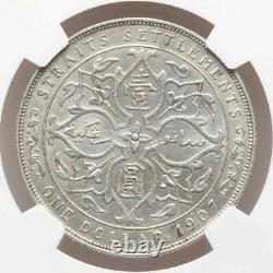 1907 Silver Coin One Dollar Straits Settlement Malaya Edward VII of England AU58