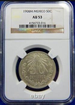 1908 50 Centavos Silver, Cap and Rays. NGC AU 53