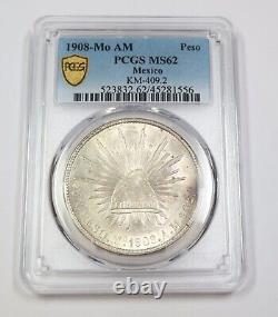 1908 MO AM PCGS MS62 MEXICO Silver One Un Peso Coin #39158A