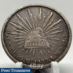 1908 Mexico 1 Peso Silver Coin Mo AM KM#409.2 Large Cap Rays, AU Condition