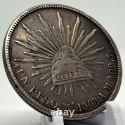 1908 Mexico 1 Peso Silver Coin Mo AM KM#409.2 Large Cap Rays, AU Condition