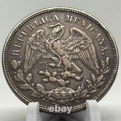 1908 Mexico 1 Peso Silver Coin Mo AM KM#409.2 Large Cap Rays, AU Condition