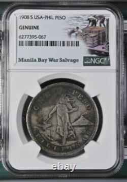 1908 S US/Philippines Peso Manila Bay War Salvage NGC Genuine Silver Coin WWII